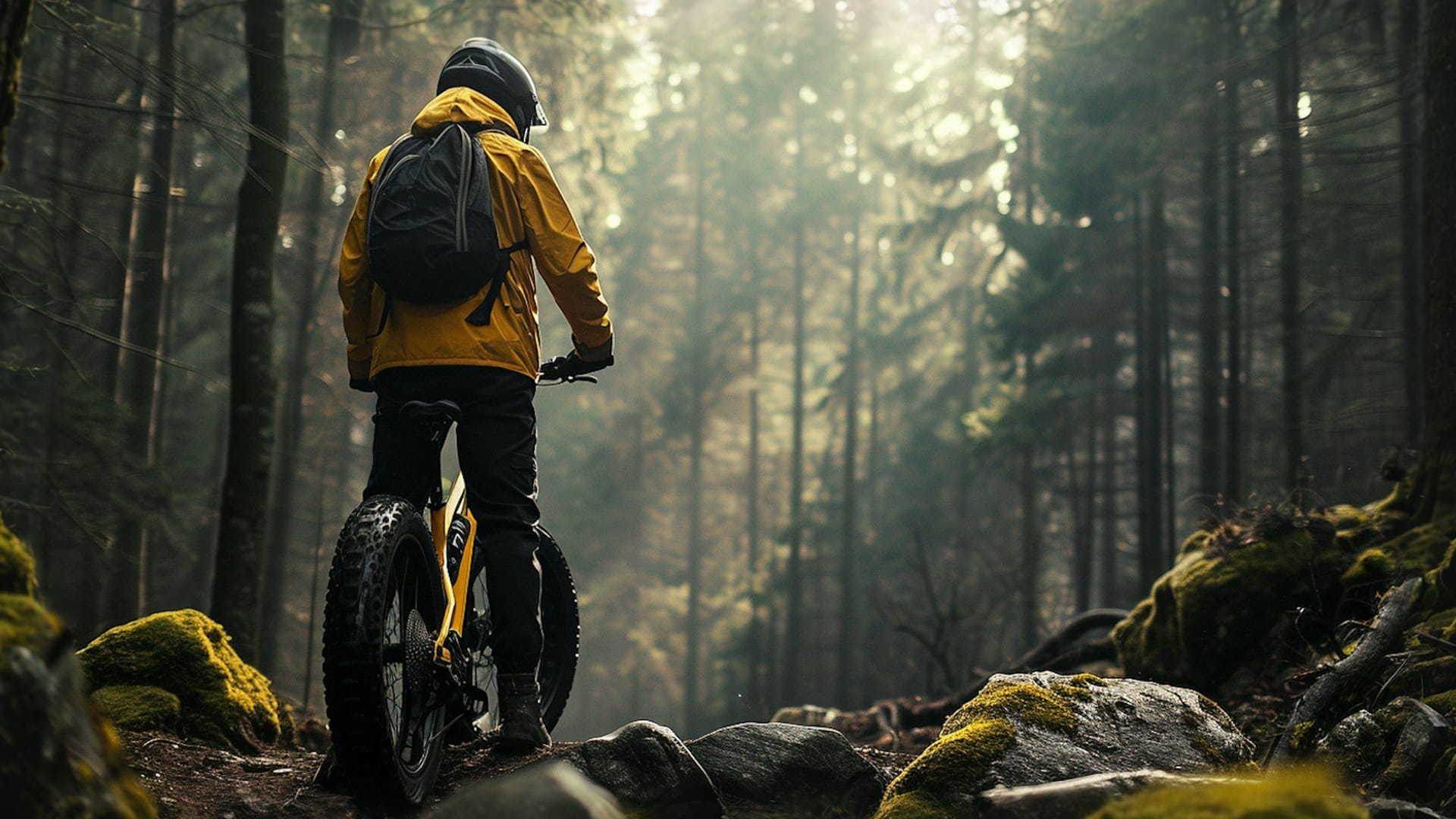 Contemplative Biker in Forested Trail