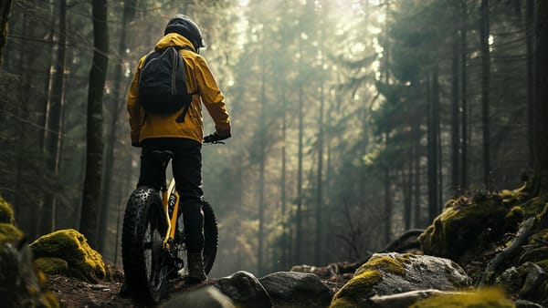 Contemplative Biker in Forested Trail